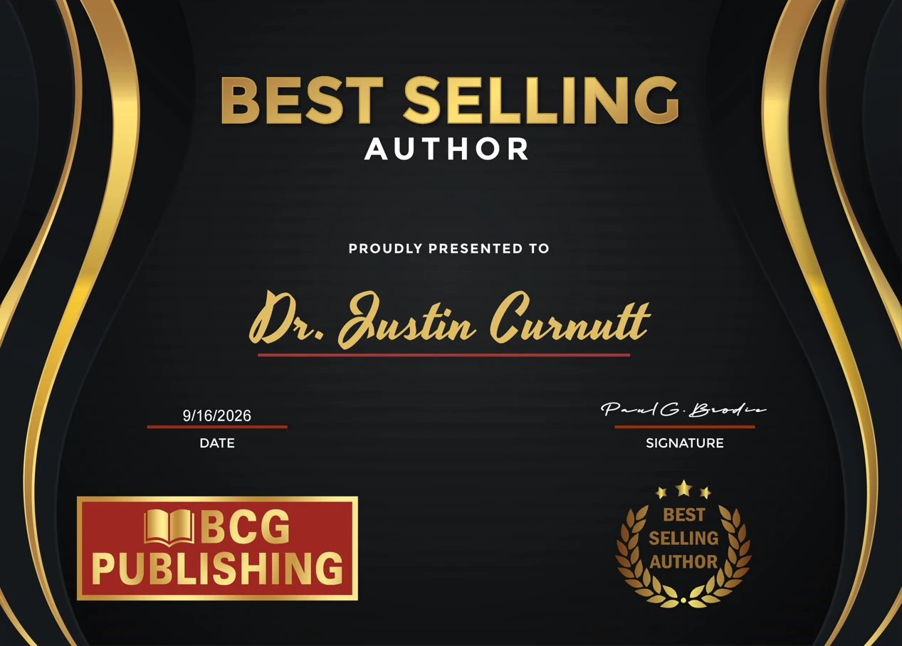 BCG Publishing Best Selling Author certificate for Dr. Justin Curnutt, dated September 16, 2026